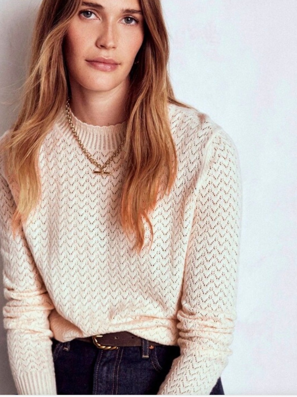 Boden Diane Pointelle Jumper Sweater in Cream